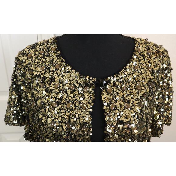 Chicos 2 Gold Sequin Rhinestone Cardigan Short Sleeve Bolero Jacket Large Party - Picture 3 of 8